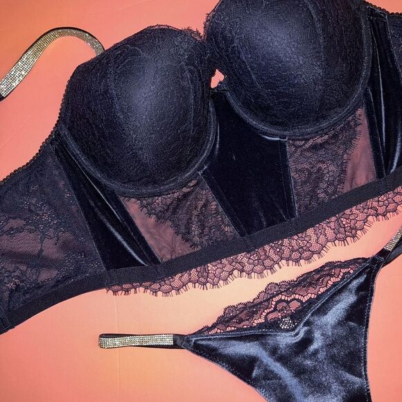 Victoria's Secret LONGLINE 34D,36D BRA SET CORSET+ROBE VELVET Velour NAVY BLUE - Picture 5 of 11